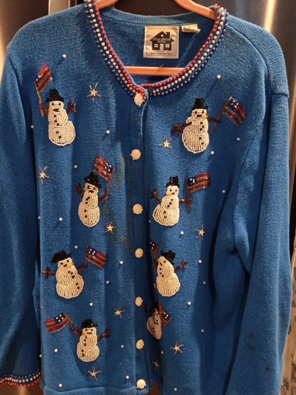 Storybook Knits Blue Beaded Snowman Cardigan with Red & White Accents